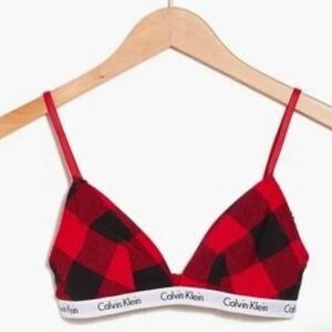 NWT Calvin Klein Unlined Triangle Bralette Red Black Plaid Print